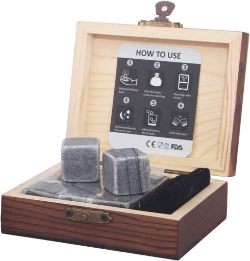 Whiskey Stones Gift Set Pack of 9 Whiskey Rocks in Engraved Wooden Gift Box, for Dad/Whisky/Bourbon Drinker, Men/Women Birthday Present, Barleo Malt°