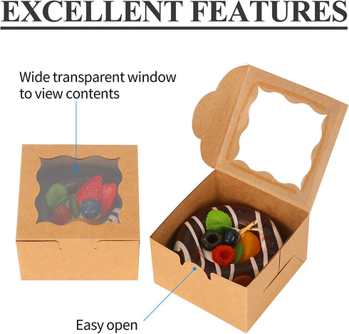 KPOSIYA 60 Pcs Brown Bakery Boxes with Window Individual Cupcake Boxes 4x4x2.5 Inches Cookie Boxes Kraft Paper Brown Gift Box for Pastries, Cookies, Pie, Donuts, Macaroon (60, Brown)