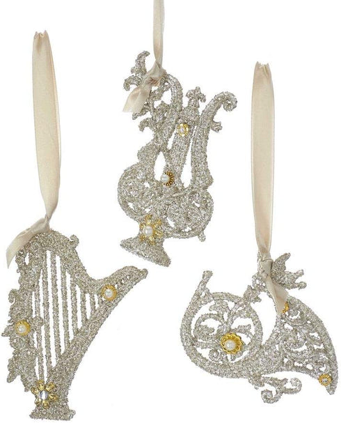 Kurt Adler Musical Instrument Platinum Tone 5 inch Glass Christmas Ornaments Set of 3