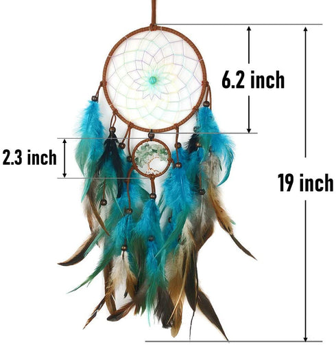 Dream Catcher Blue Tree of Life with Feathers, Mobile LED Fairy Lights Handmade Indians Traditional Circular Net for Wall Hanging Decor, Bedroom Kids, Home Decoration Wedding Party Blessing Gift