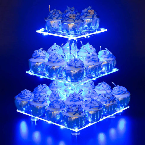 YestBuy 3 Tier Square Cupcake Stand - Premium Cupcake Holder - Acrylic Cupcake Tower Display - Cady Bar Party D©cor + LED Light String - Ideal for Weddings, Birthday Parties( Blue Light)