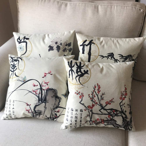 Ink Wash Painting Throw Pillow Cover Plum Blossom Chrysanthemum Orchid Bamboo Cushion Covers Traditional Chinese Calligraphy Culture Home Decorative Pillowcases 18 x 18 inches,4Pack(Wash Painting)