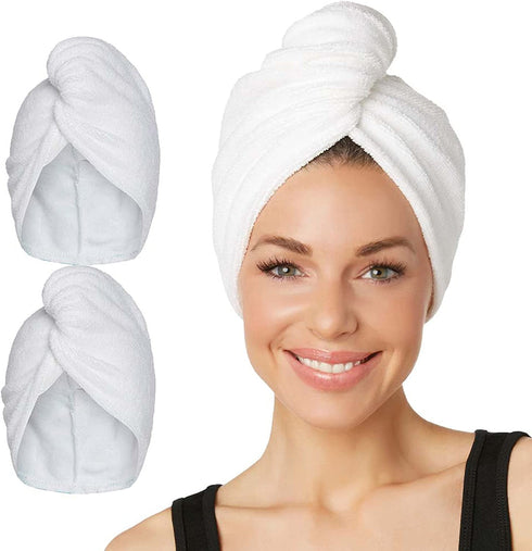 Turbie Twist Microfiber Hair Towel Wrap for Women and Men | 2 Pack | Bathroom Essential Accessories | Quick Dry Hair Turban for Drying Curly, Long & Thick Hair (White, White)