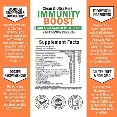 Immune Support Supplement with Vitamin C 1000mg Zinc Elderberry Ginger Beta Carotenes, Immunity Boost for Adults, Natural Immune Defense Antioxidant Vitamins by BioSchwartz, 90 Capsules