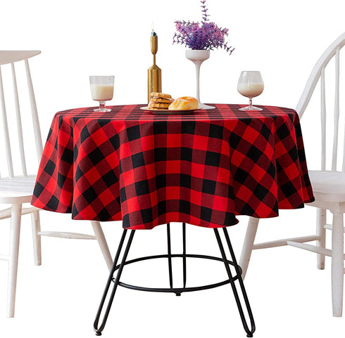 YAD 55 Inch Buffalo Plaid Round Tablecloth Checkered Round Table Cover for Christmas Decor Wedding Kitchen Dinning Room Party Home Picnic (Red and Black, Round 55") (RED)