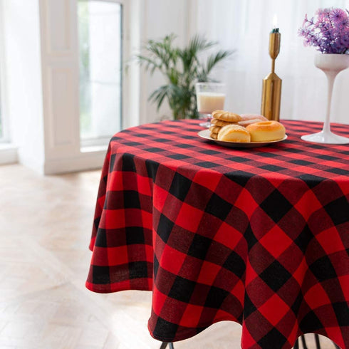 YAD 55 Inch Buffalo Plaid Round Tablecloth Checkered Round Table Cover for Christmas Decor Wedding Kitchen Dinning Room Party Home Picnic (Red and Black, Round 55") (RED)