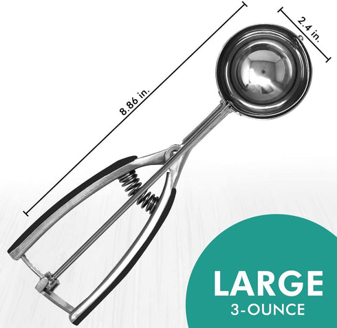 Millvado Stainless Steel Ice Cream and Cookie Scoop | Large Sized, With Black Rubber Grips, Spring Loaded Lever Design, For Sorbet, Melon, Meatballs, Muffins, and More, 3 Ounce Scooper