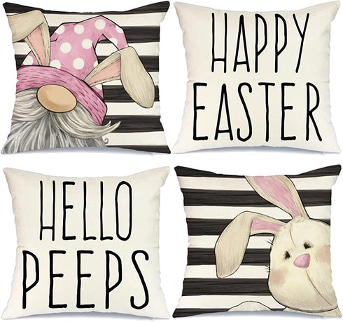 Easter Pillow Covers 18x18 Set of 4 Easter Decorations for Home Bunny Gnome Stripes Pillows Easter Decorative Throw Pillows Spring Easter Farmhouse Decor A473-18