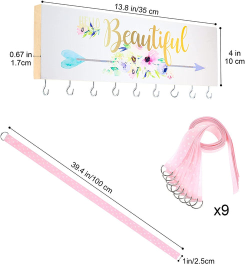 Hair Bow Holders for Girls Hair Bows Jewelry Organizer, Wood Wall Mount Jewelry Holder, Hanging Jewelry Storage Hanger with 9 Hooks, 9 Hair Bow Holders for Girl (Beautiful Style)