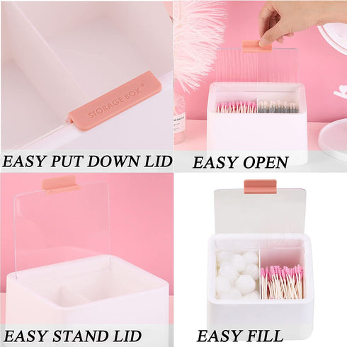 Tecbeauty 2pcs Qtips Holder - 2 Grids Separate Cotton Swabs Dispenser Bathroom Canisters with Hinged Lids for Cotton Balls, Cotton Pads, Cotton Rounds, White