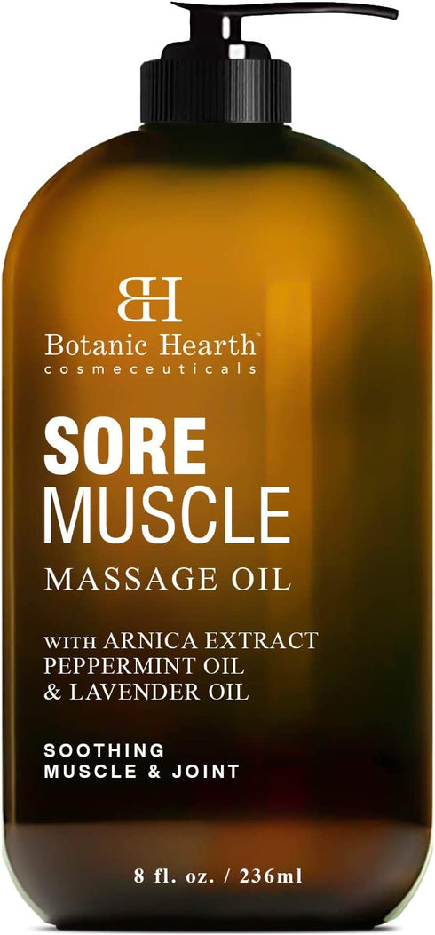 BOTANIC HEARTH Sore Muscle Massage Oil - with Arnica Montana Extract and Essential Oils - Warming and Relaxing - Soothes Tired Sore Muscles and Joint Pain, 8 fl oz