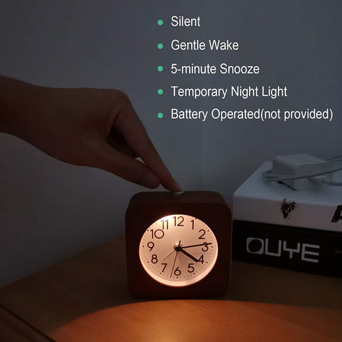 4 Inch Wooden Analog Alarm Clock Battery Operated Non-Ticking with Snooze Button,Night Light,Gentle Wake