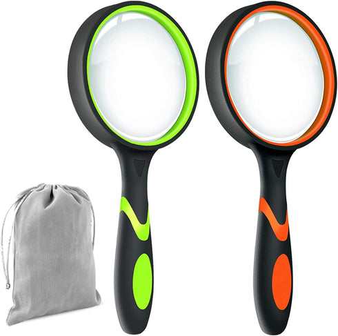 Leffis 2 Pack 10X Magnifying Glass for Seniors & Kids, Non-Slip Handheld Magnifier for Reading, 75mm Magnify Glasses Lens for Close Work, Science and Hobby Observation?Green and Orange