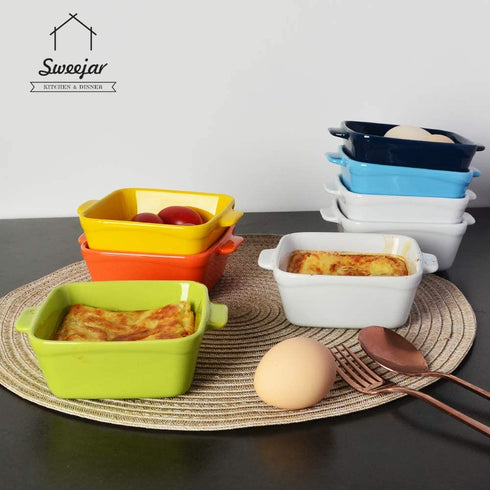 SWEEJAR Ceramic Souffle Dishes,Square Double Handle-Ramekins-Baking, 10 OZ for Creme Brulee, Custard,Dipping - Set of 6 (Multi)