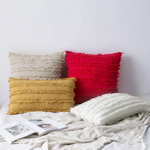 MIULEE Set of 2 Decorative Boho Throw Pillow Covers Linen Striped Jacquard Pattern Cushion Covers for Sofa Couch Living Room Bedroom 20x20 Inch Ivory White