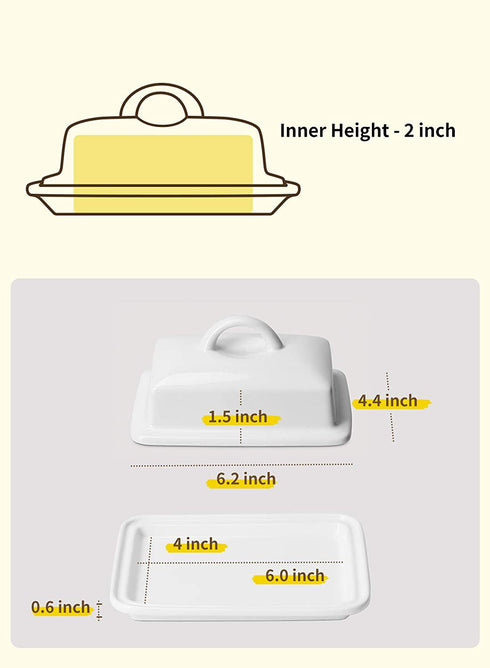 Better Butter Porcelain Butter Dish with Lid - Large Butter Holder for 8oz European Butter and 2 Sticks of East West Coast Butter, White