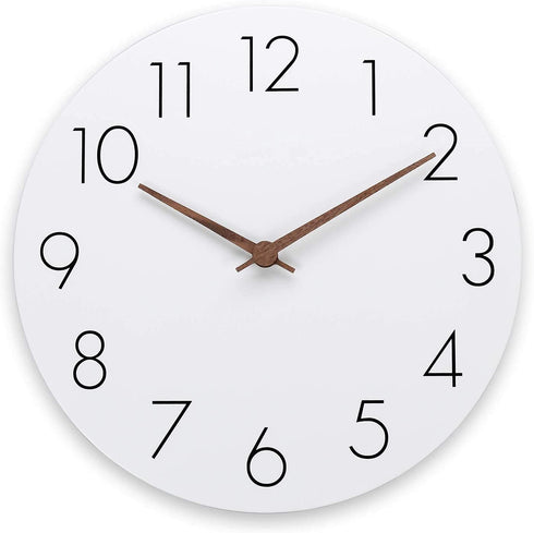 12'' Wooden Wall Clock - Plumeet Frameless Clocks with Silent Quartz Movement - Modern Style Village Wall Clocks Decorative Home Kitchen - Battery Operated (White)