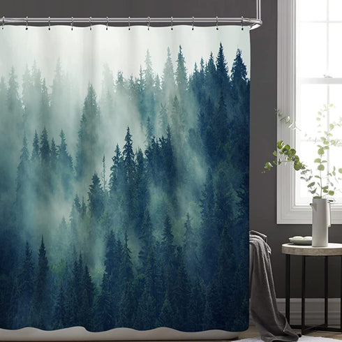 LIGHTINHOME Misty Forest Shower Curtain 60Wx72H Inch Nature Pine Trees Scenic Foggy Mountain Cool Woodsy Landscape Woodland Men Fabric Waterproof Bathroom Home Decor 12 Plastic Hooks