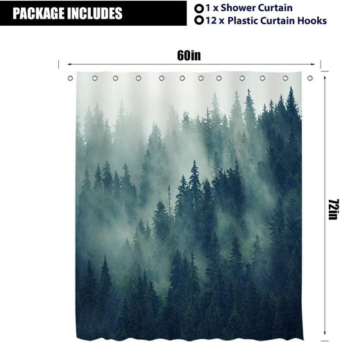 LIGHTINHOME Misty Forest Shower Curtain 60Wx72H Inch Nature Pine Trees Scenic Foggy Mountain Cool Woodsy Landscape Woodland Men Fabric Waterproof Bathroom Home Decor 12 Plastic Hooks