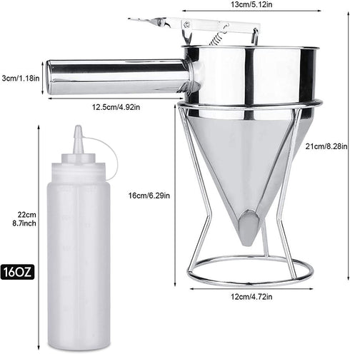 Pancake Batter Dispenser, Stainless Steel Stirring Batter Separator Funnels with Handle & Rack (2pcs Ketchup Squeeze Bottle)