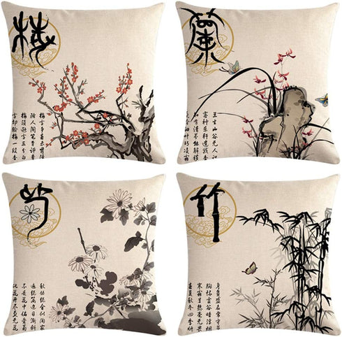 Ink Wash Painting Throw Pillow Cover Plum Blossom Chrysanthemum Orchid Bamboo Cushion Covers Traditional Chinese Calligraphy Culture Home Decorative Pillowcases 18 x 18 inches,4Pack(Wash Painting)