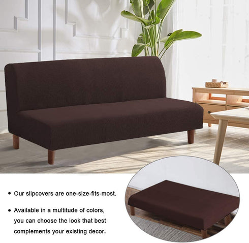 Stretch Armless Futon Covers Full Queen Futon Couch Covers Slipcover Futon Sofa Cover Futon Bed Cover Furniture Protector Covers with Elastic Bottom, Soft Thick Jacquard Washable, Brown