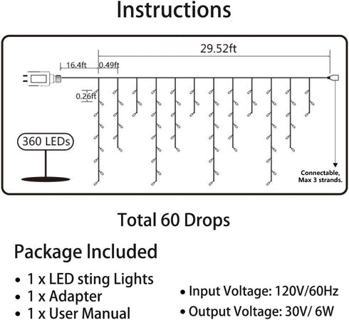 Toodour LED Icicle Lights, 360 LED, 29.5ft, 8 Modes, Window Curtain Fairy Lights with 60 drops, Led Christmas Lights, Icicle Fairy Twinkle Lights for Party, Holiday, Wedding Decorations (Pure White)