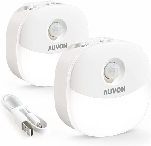 AUVON Rechargeable Mini Motion Sensor Night Light, Cool White LED Stick-On Closet Light with Dusk to Dawn Sensor, Adjustable Brightness for Wall, Stairs, Cabinet, Hallway (2 Pack)