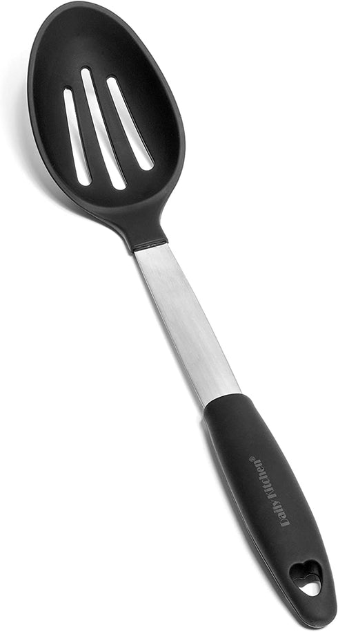 Daily Kitchen Slotted Cooking Spoon Heat Resistant Silicone and Stainless Steel Metal - Best Serving Spoon with Rubber Grip - Flexible Silicone Spoon for Non Stick Cookware – Spoons for Cooking