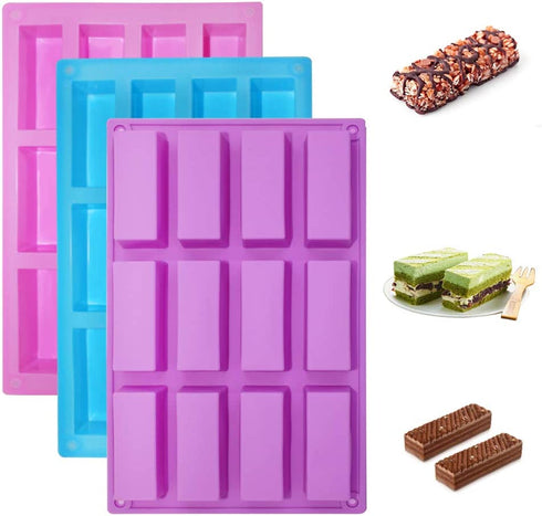 SENHAI 3 Pack Narrow Rectangle Silicone Molds, 12-Cavity Flexible and Non-stick DIY Protein Bars Energy Bar Cereal Bar Maker Chocolate Cake Loaf Brownie Cheesecake Baking Pans - Pink, Blue, Purple