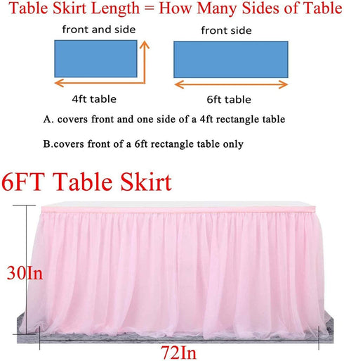 6ft Pink Tulle Table Skirt for Rectangle or Round Tables Tutu Table Skirt for Wedding Birthday Party Baby Shower Girl Gender Reveal Cake Dessert Table Decorations