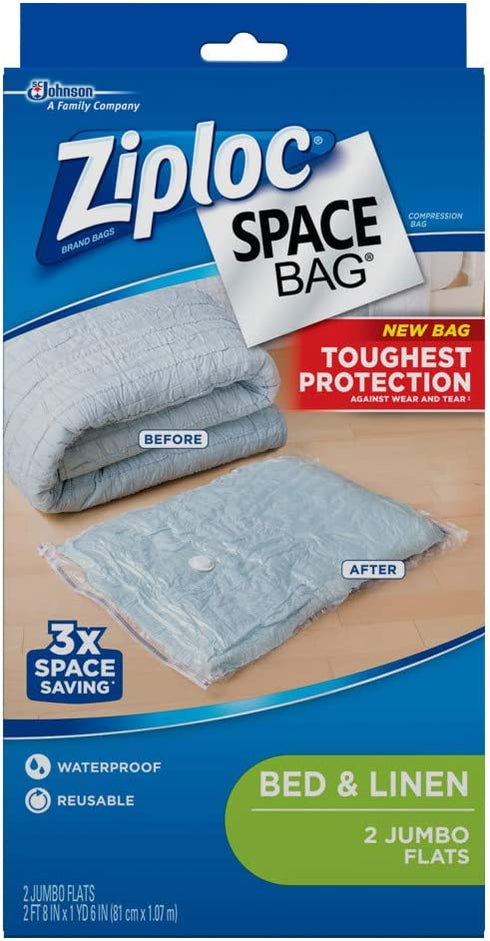 Ziploc Space Bag Clothes Vacuum Sealer Storage Bags for Home and Closet Organization, Jumbo, 2 Bags Total