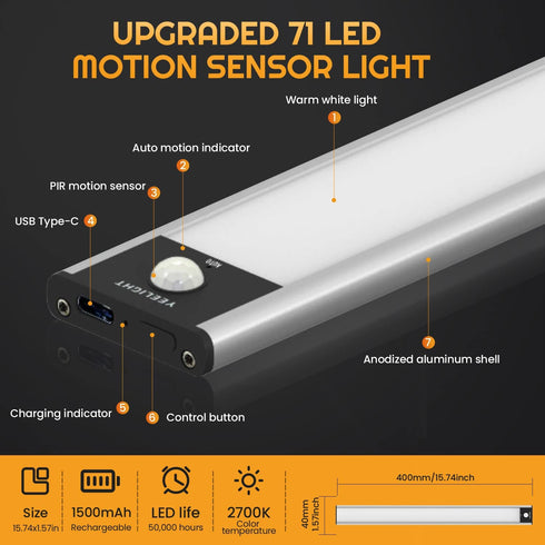 YEELIGHT Under Cabinet Lights, 71 LED Closet Light Motion Activated, Dimmable Rechargeable Under Cabinet Lighting for Closet, Kitchen Cabinet, Wardrobe, Cupboard, Warm White