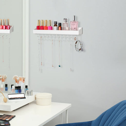 JACKCUBE DESIGN Hanging Jewelry Organizer with 23 Hooks, Wall Mounted Necklace Bracelet Earring Holder Hanger with Shelf (White, 14.37 x 2.95 x 3.86 inches) - MK208C