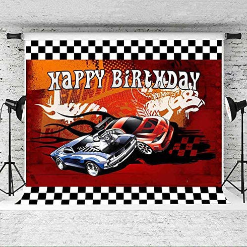 EOA 7(W) x5(H) FT Racing Cars Red Photography Backdrop Happy Birthday Hot Racer Wheels Banner Children Kids Cake Table Studio Props
