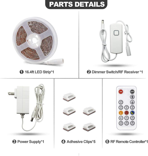 LED Strip Lights Warm White, 16.4ft Dimmable LED Light Strip with RF Remote, 300 Bright 3000K 2835 LEDs, Plug-in Adhesive Rope Lights with Timing Mode for Living Room Bedroom Kitchen Cabinet Mirror