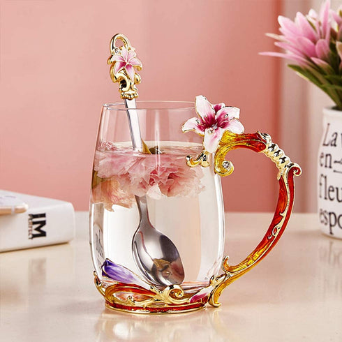 Goodking Enamels Coffee Mug Flower Glass Tea Cups with Spoon, Best Christmas Birthday Gifts For Women Grandma Mom Teachers Friend Wife 12oz