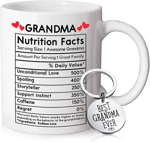 Mother's Day Gifts For Grandma From Grandson Grandmother Nutrition 11oz Coffee Mug Best Grandma Mother's Day Gifts From Granddaughter Mothers Day Birthday Christmas Cup Present For Nana With Keychain