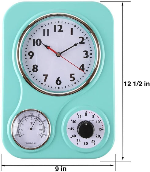 Lily's Home Retro Kitchen Wall Clock, with a Thermometer and 60-Minute Timer, Ideal for Any Kitchen, Turquoise (9.5 in x 13.3 in)