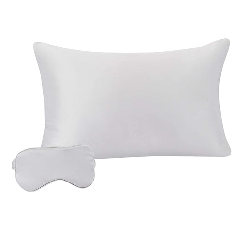 Amazon Basics 100% Mulberry Silk Sleep Set for Hair and Skin with Pillowcase, Eye-Mask and Travel Pouch - Dual Side 19 Momme Silk, Light Grey, Standard, Sleep Set