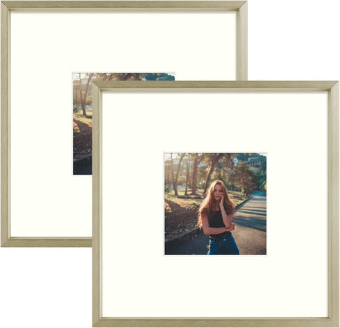 Frametory, 8x8 Aluminum Frames with Ivory Mats for 4x4 Pictures/Photos - Real Glass- Portrait/Landscape - Horizontal and Vertical Formats for Wall and Table Mounting (Gold, 2 Pack)