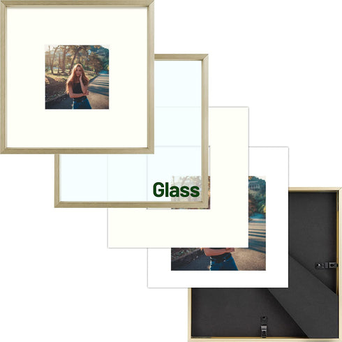 Frametory, 8x8 Aluminum Frames with Ivory Mats for 4x4 Pictures/Photos - Real Glass- Portrait/Landscape - Horizontal and Vertical Formats for Wall and Table Mounting (Gold, 2 Pack)