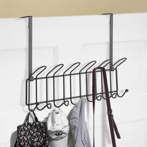 Minggoo Coat Rack Wall Mounted Hook Rack Over The Door Hook Set of 2, Organizer 13 Hooks, Heavy-Duty Iron Wire Black