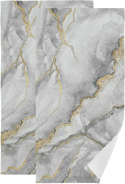 Grey Marble Hand Towels - Elegant White Marble Print with Gold Textured Pattern 100% Cotton Soft Bath Hand Towel for Home Bathroom Kitchen Hotel Spa