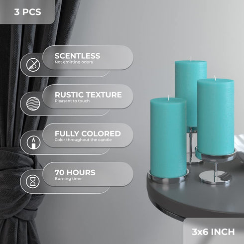 CANDWAX 3x6 Pillar Candles Set of 3 - Decorative Rustic Candles Unscented and No Drip Candles - Ideal as Wedding Candles or Large Candles for Home Interior - Turquoise Candles