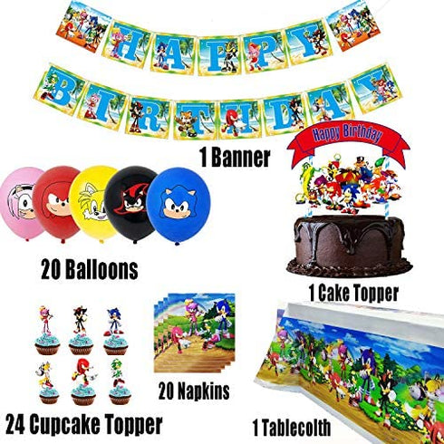 Sonic Party Supplies Theme Birthday Party Favor Decoration Includes Banner - Tablecloth - Cake Topper - 24 Cupcake Toppers - 20 Balloons - 20 napkins for Birthday Party Favor Pack Set for Kids