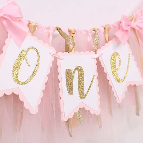 Highchair Banner 1st Birthday Girl - Tulle And Ribbon Banner For First Birthday, Cake Smash Photo Prop, Party Supplies . (Pink)
