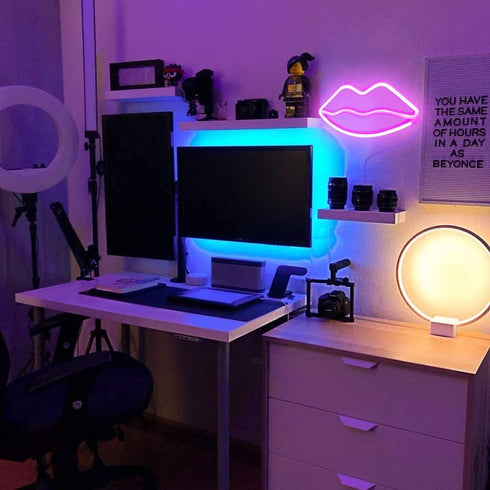 Fiee Pink Lip Shaped Neon Signs,Led Safety Art Wall Decoration Lights Neon Lights Night Table Lamp with Battery Powered/USB for Kids Gift,Baby Room,Wedding(Pink Lip)