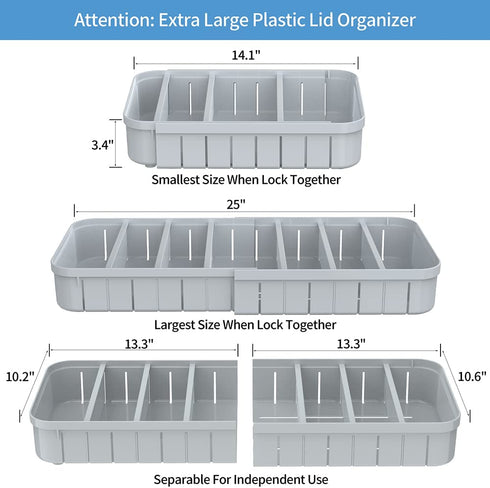 Expandable Food Container Lid Organizer, Extra Large Plastic Lid Storage Organizer for Kitchen Cabinet Pantry and Countertop, Gray