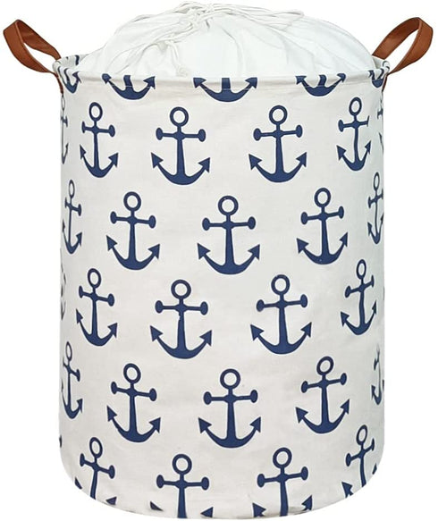 DDBASKET Large Laundry Basket with Lid Collapsible Toy Storage Bin Drawstring Baby Clothes Hamper with Handles for Kids,Boys and Girls,Nursery Hamper(Blue anchor)